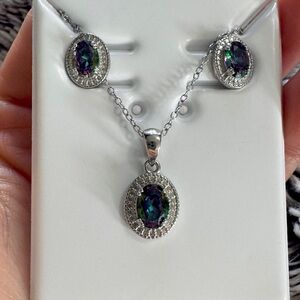 Mystic Topaz & Moissanite Halo Jewelry Set – 20” Necklace + Earrings